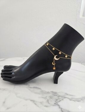Celestial Gold Anklet Moon & Stars Charm 18K Plated • Adjustable Dainty Ankl
